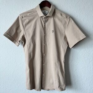 Father Sons Mens L Stretch Slim Fit Short Sleeve Button Down Shirt Tan Beige
